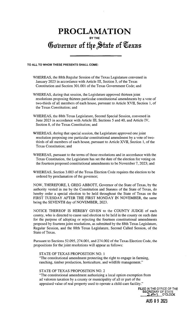 Proclamation by the Governor of the State of Texas for order of a special election page 1